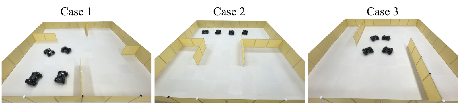 Three indoor test arenas with different wall layouts, each with four ground robots at their start positions.