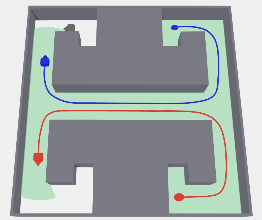 Two pursuers sweeping a multiply-connected floor plan, with the cleared region shaded.
