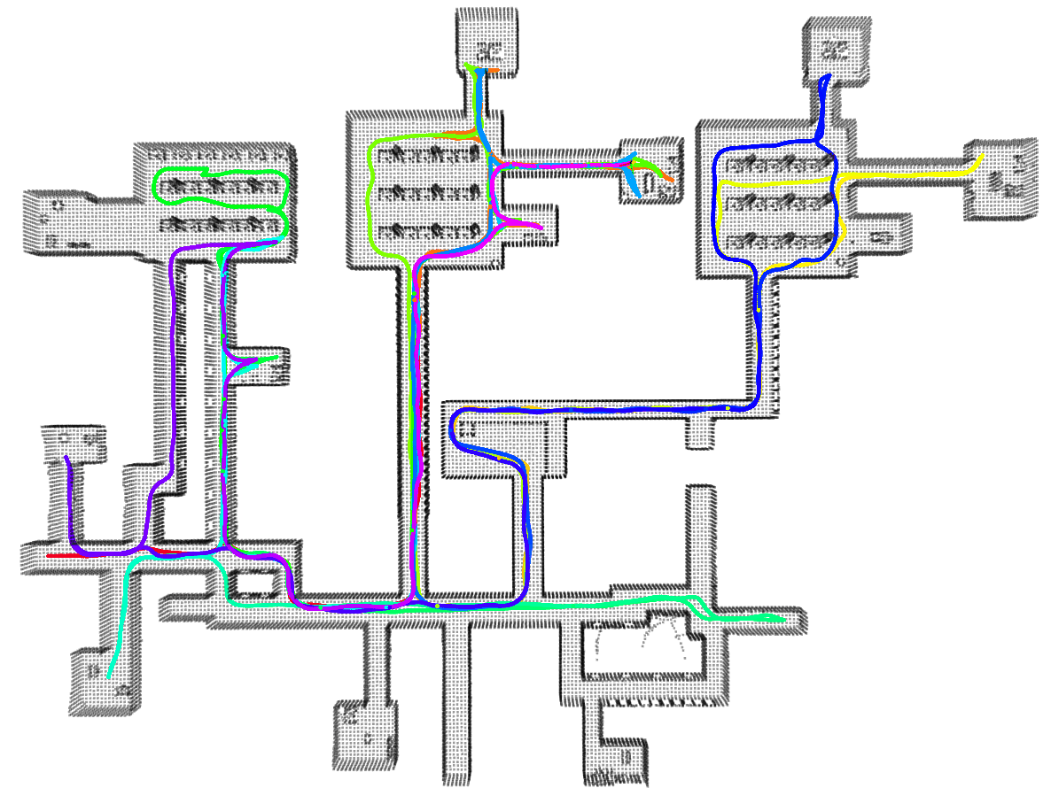Trajectories through a large indoor Gazebo world, coloured per goal.