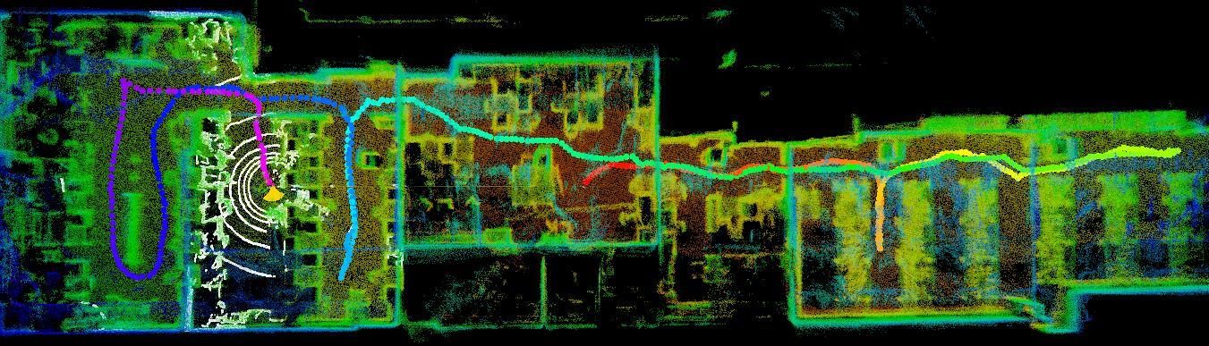 Point-cloud map of a long laboratory with the ground vehicle's trajectory overlaid in colour.