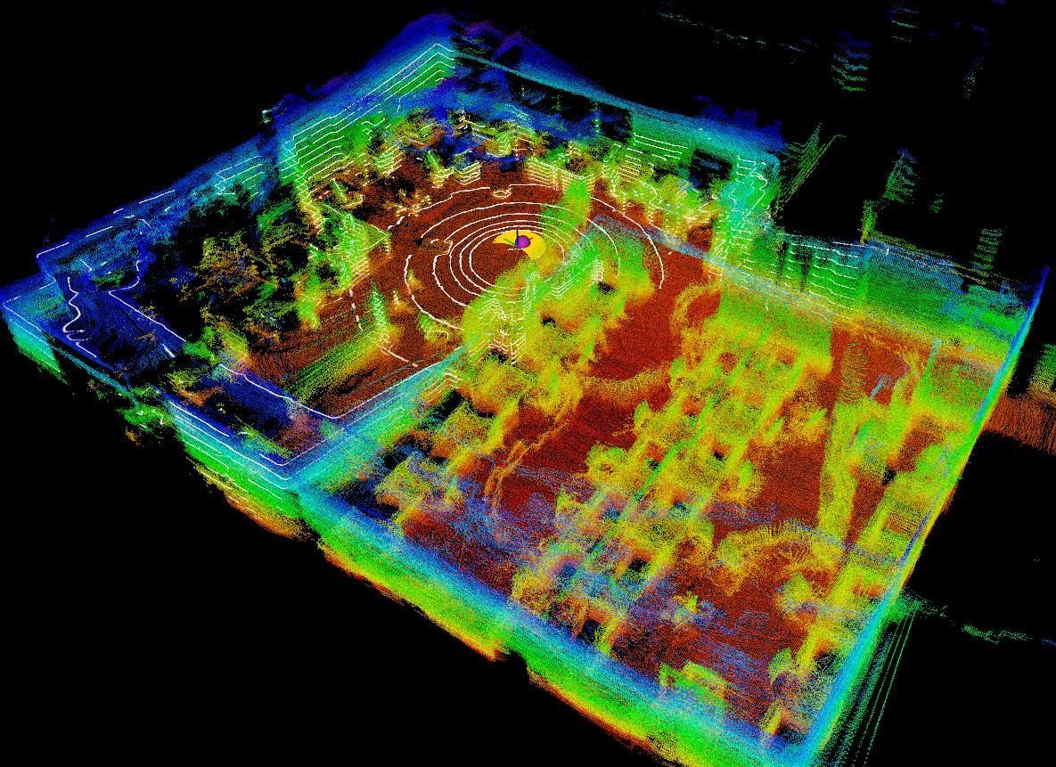 LiDAR point cloud of a partially observed indoor environment around the robot.